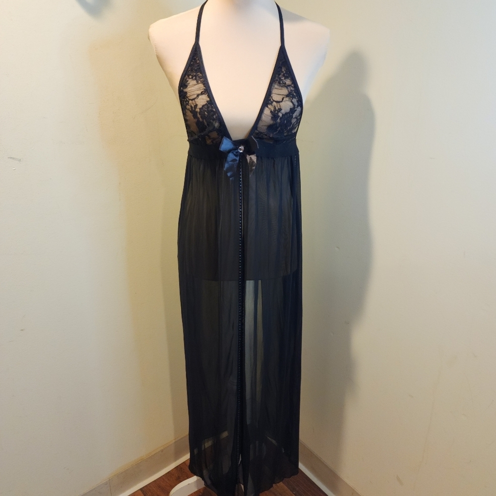Sheer Lace Halter Long Babydoll Nightgown - Black Sz M